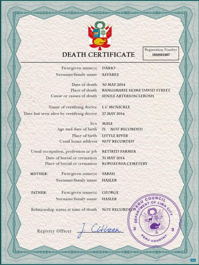 Download Peru death certificate PSD template Photoshop template